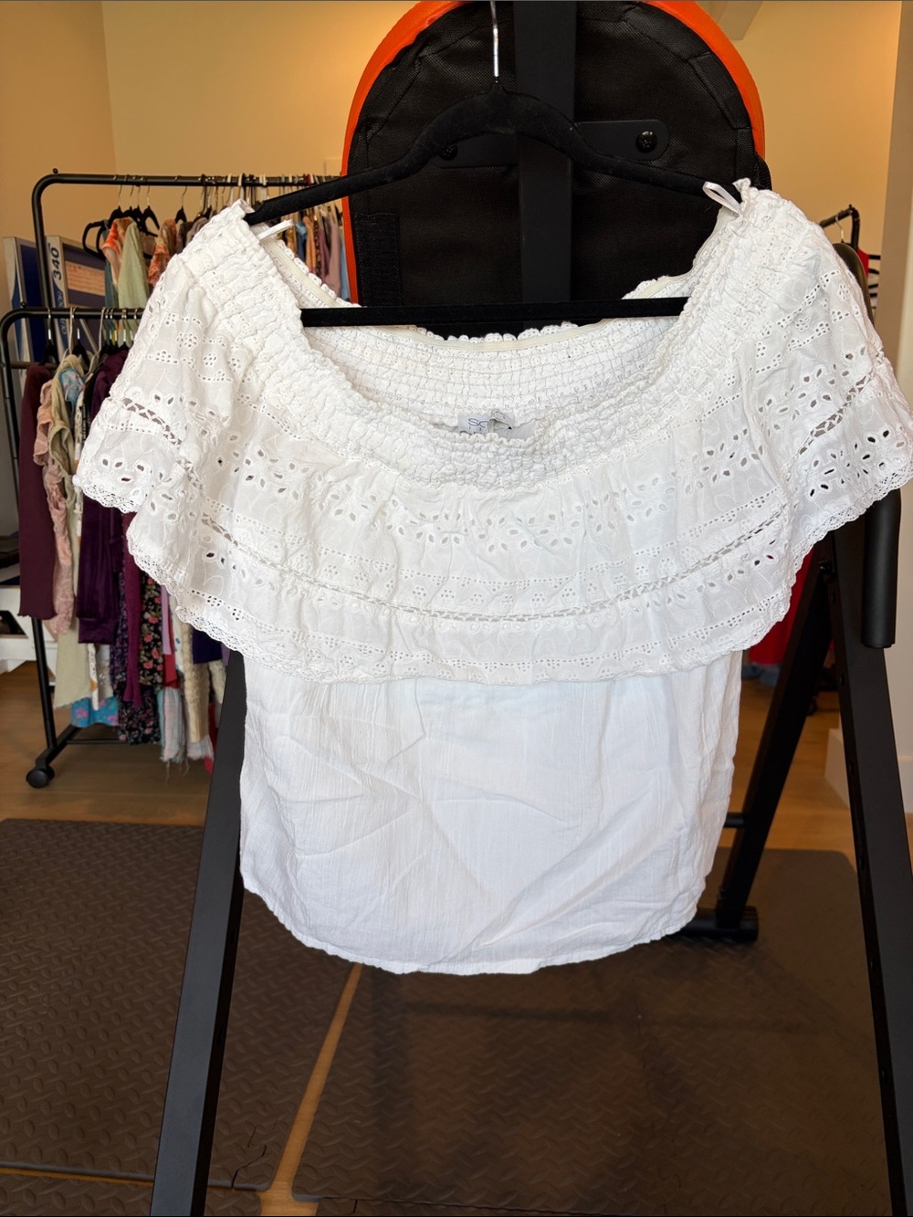 sofia by sofia vergara White Eyelet Off-Shoulder Ruffled Crop Top